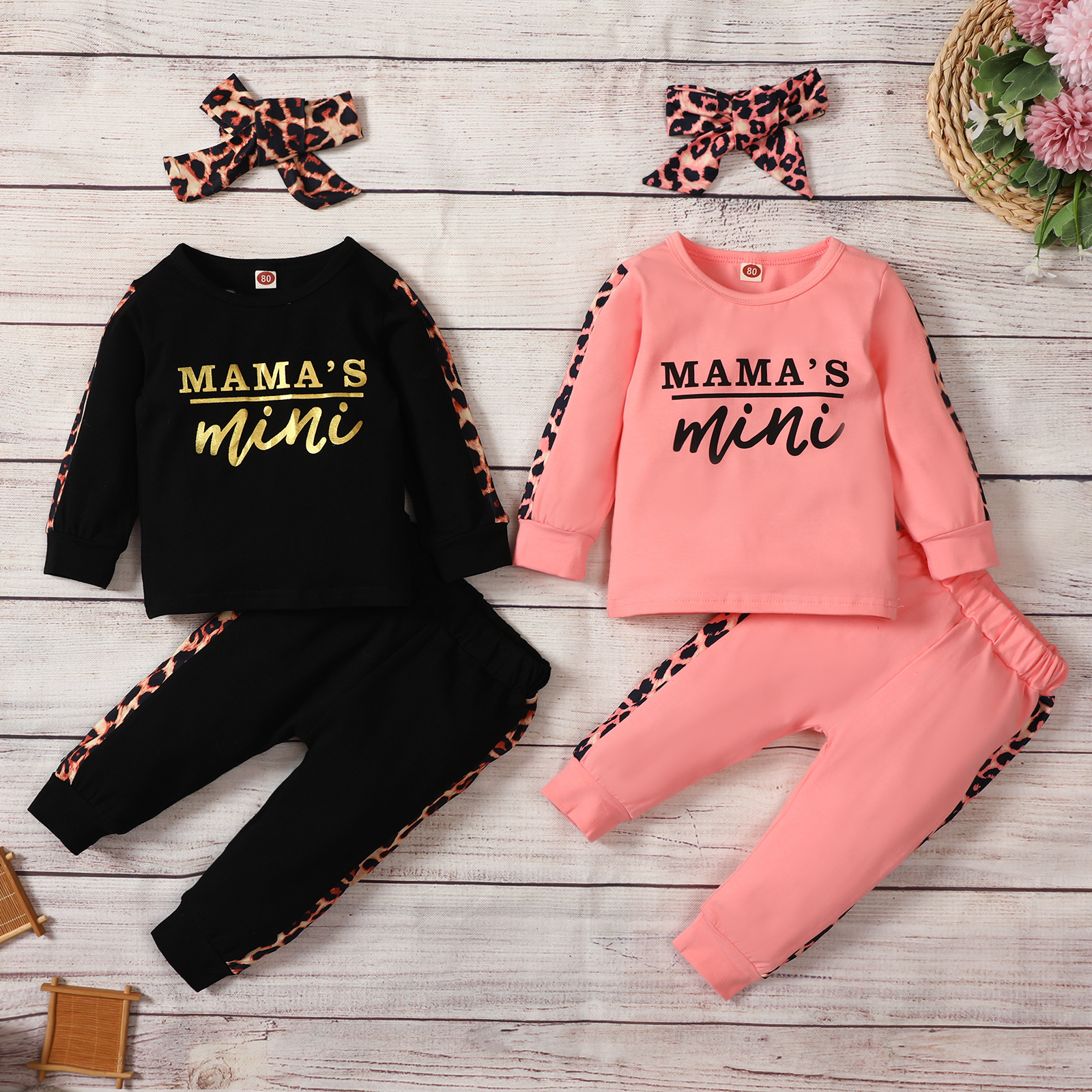 

Kids Baby Girls Fall Clothes Set Pink Letter Leopard Sweatshirt long pants With Headband, As picture