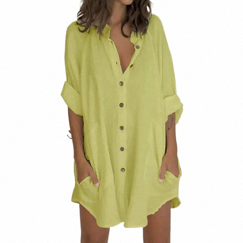 

casual Dresses Cotton Linen Shirt Dress Women High Street Wear Button Down Blouse Long Tunic Plus Size With Pocket 42M9#, Green