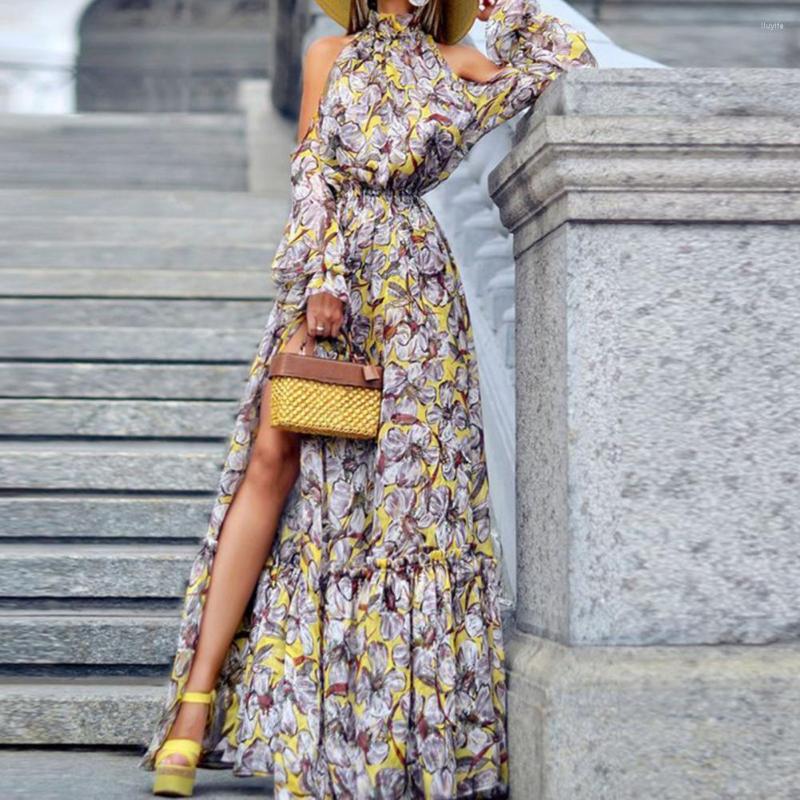 

Casual Dresses Fashion Women Dress Ruffle Cuffs Thin Beach Sweet Floral Print Split Stitching Large Hem, White