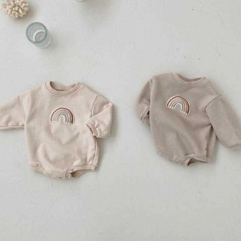

Rompers Embroidery Rainbow 2021 New Baby Bodysuit For Girls Fashion Baby Rainbow Clothes Autumn Long Sleeves Baby Boy Jumpsuit 024M J220922, Khaki.
