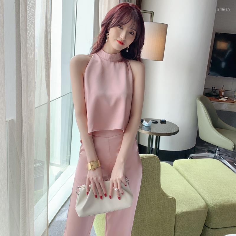 

Women' Tracksuits 2022 Summer 2 Piece Set Suit Elegant Party Stand Collar Sleeveless Tops And Long Wide Leg Pants Two, Pink