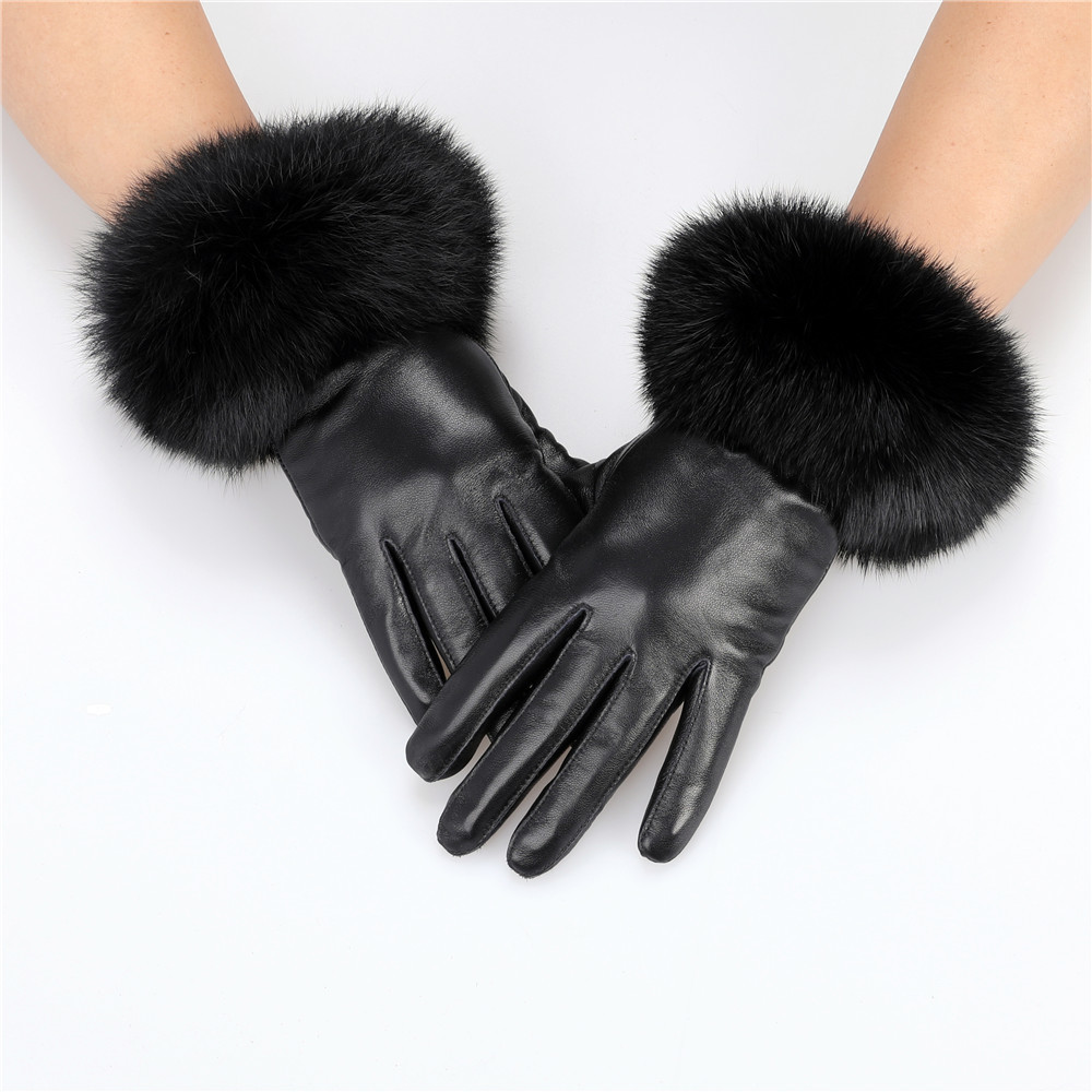 

Five Fingers Gloves Arrival Wholesale Women's Real Leather Gloves With Rabbit Fur Cuffs Sheepskin Mittens 221006