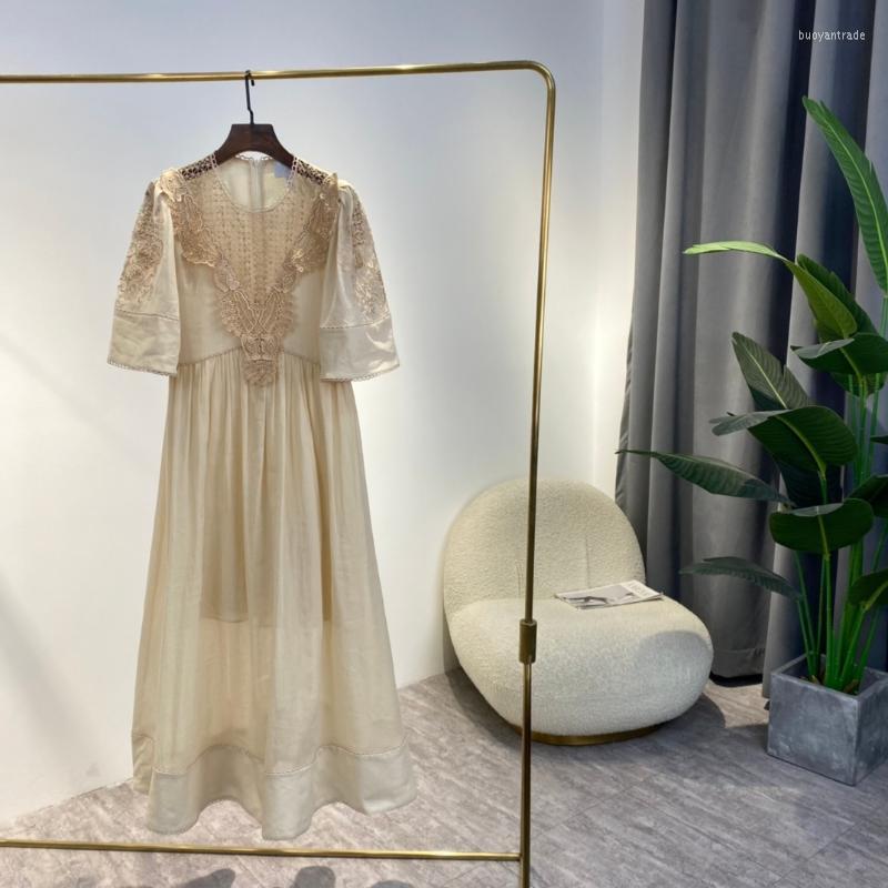 

Party Dresses Spring Arrival Top Quality Ramie Beige Sweet Midi Half Sleeve Hollow Out Embroidery ClothesParty