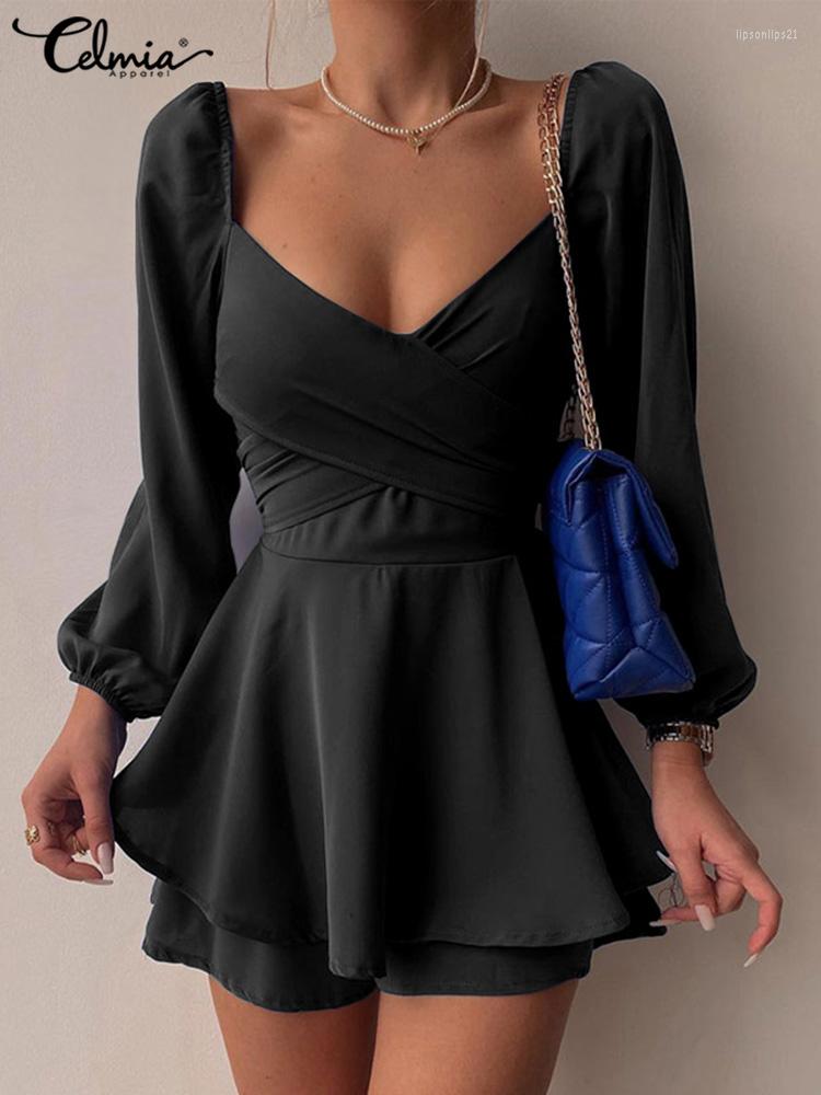 

Casual Dresses Celmia Women Party Wrap Chest Robes Puff Long Sleeve Mini Dress Fashion Square Collar Sundress Spring Swing Short Vestido, Black