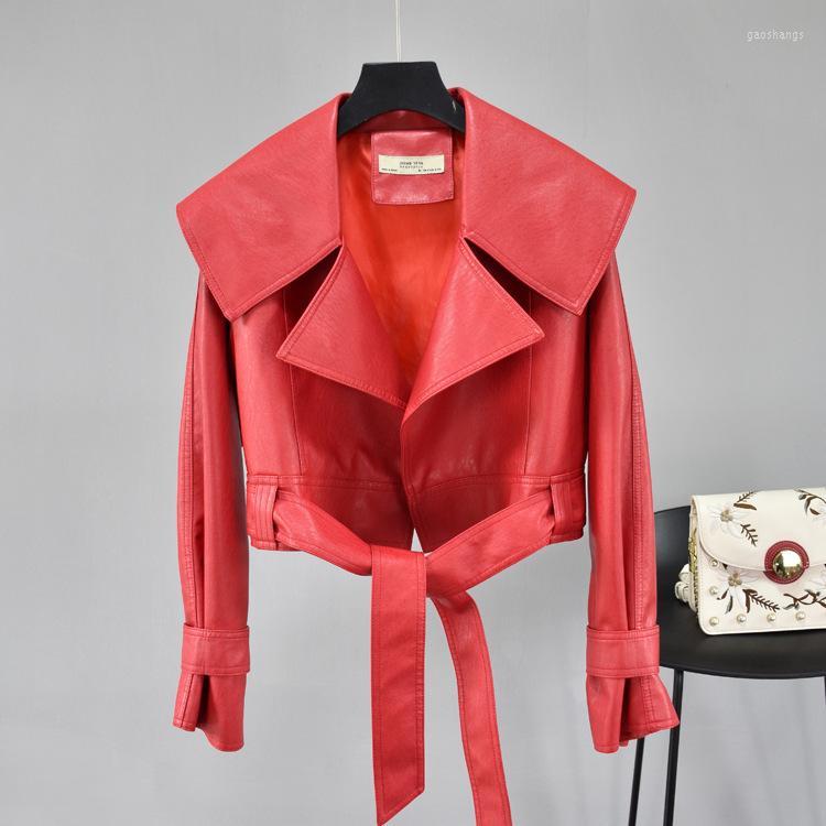 

Women' Leather Women Coats Autumn Long Sleeve Turn Down Collar With Belt Short Faux Leahter Jacket Ladies Black Biker Outwear Women