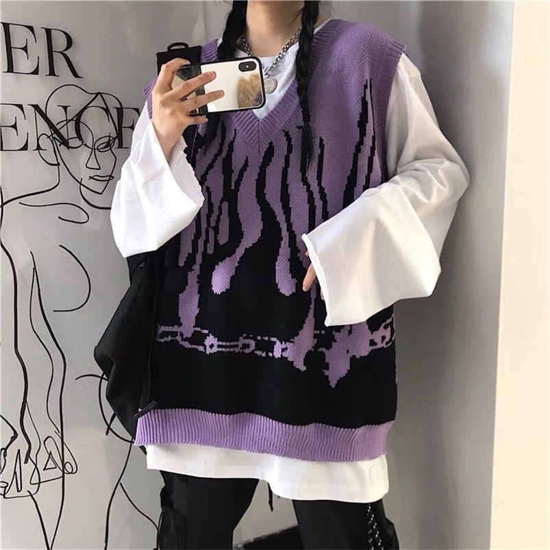 

Women's Sweaters Deeptown Gothic Streetwear Flame Print Oversize Sweater Vest Women Harajuku Hip Hop Knitted Sleeveless V-Neck Female Tops 221006, Red