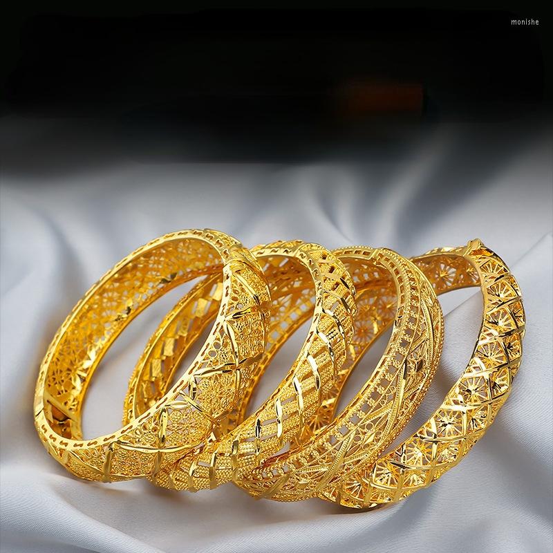 

Bangle Megin D Yellow Gold Plated Luxury Hollow Cross Flower Vintage Retro Bracelet Bangles For Women Couple Wedding Engagement Jewelry