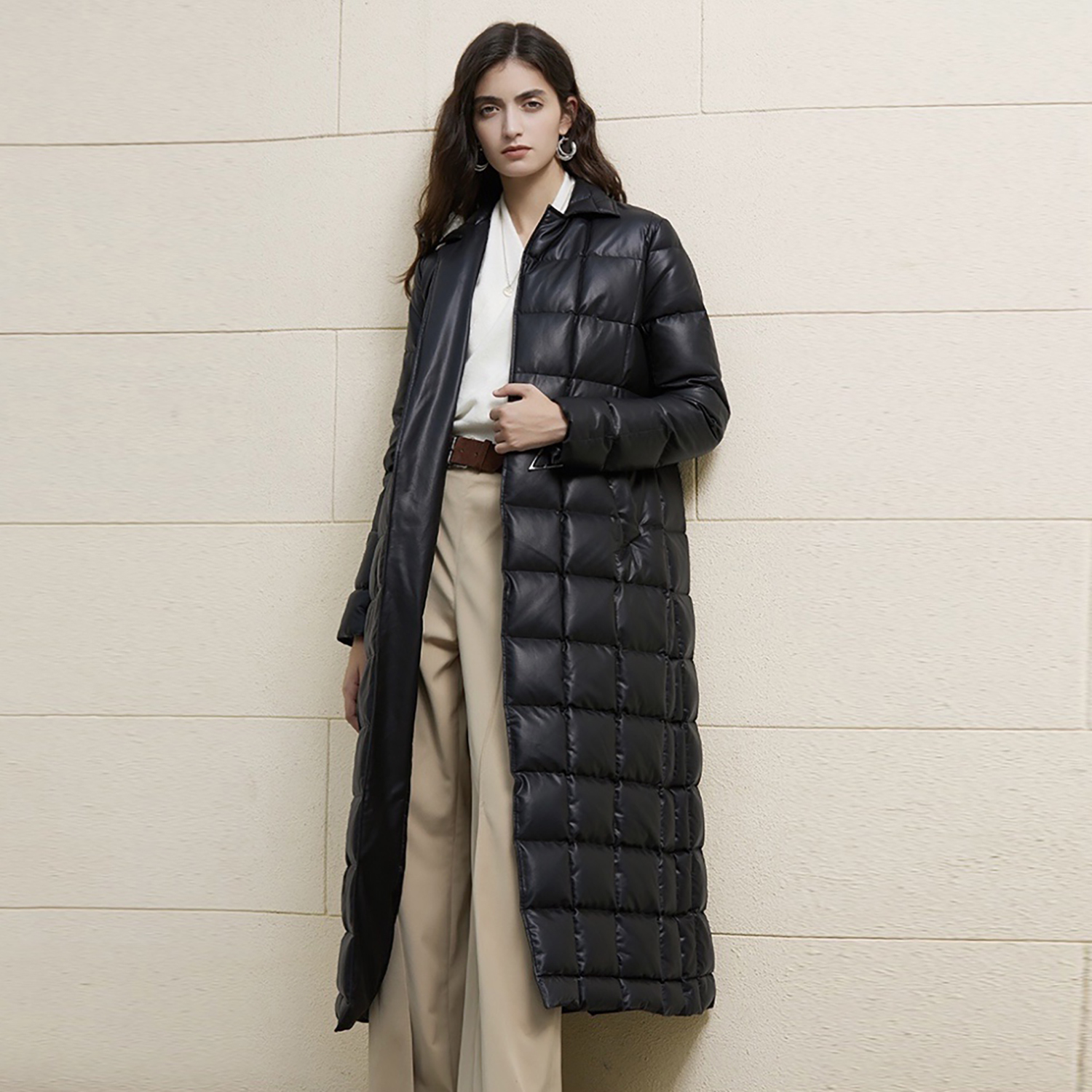 

Women' Down Parkas Fashion super longer pu leather Coat Female Winter runway show thicker Warm Jacket Hooded With Belt F2598 220930, Black