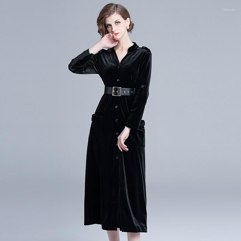 

Casual Dresses Velvet Long Sleeve Midi Winter Office Lady V-Neck Single Breast Dress Women Vestidos De Mujer Elegantes Para Fiesta, Black
