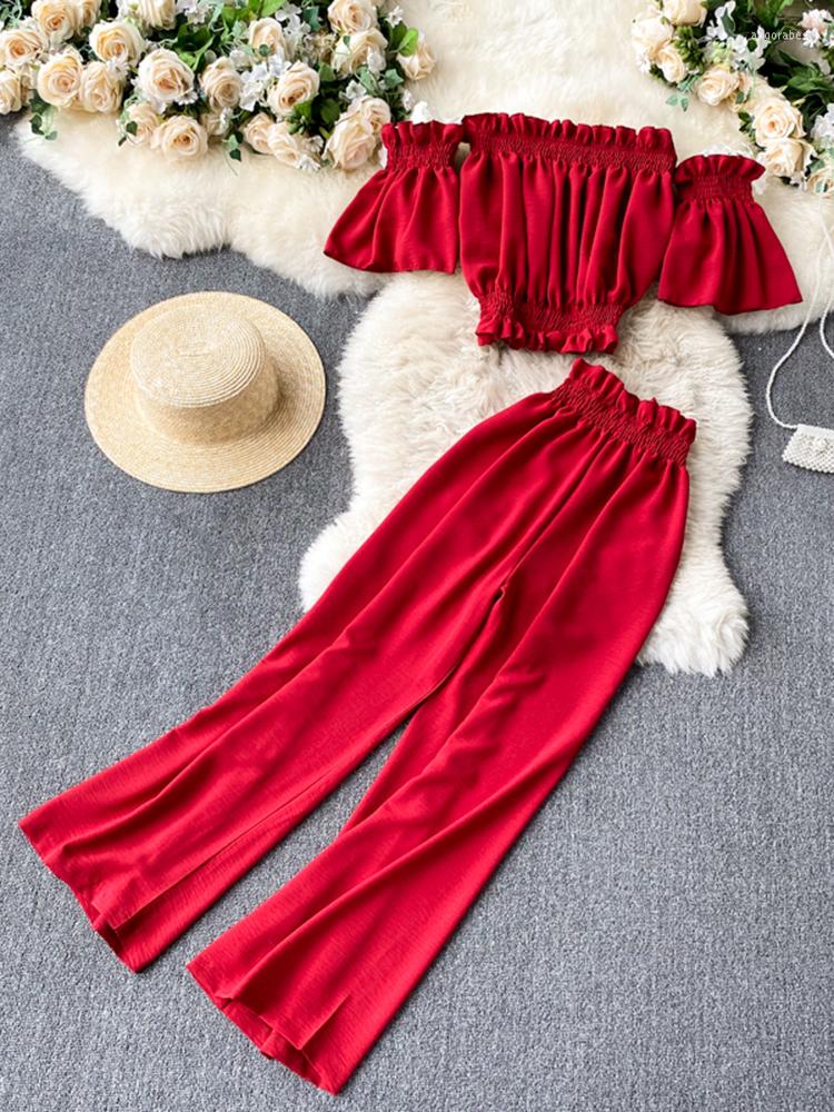 

Women's Tracksuits 2022 Summer Two-piece Set Fashion Ear Edge Shoulder Short Shirt High Waist Wide Leg Pants Sets D0143, Black