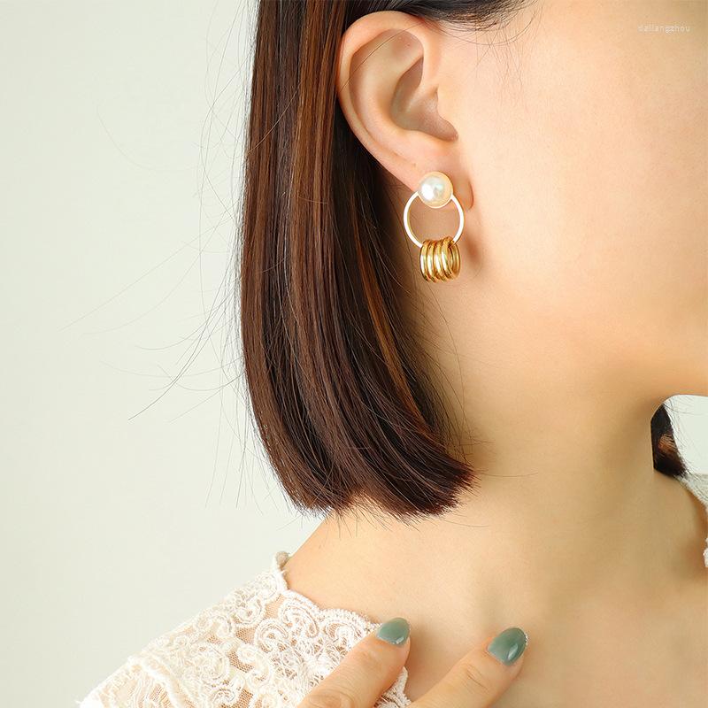 

Stud Earrings Retro Fashion Double Ring Pearl Titanium Steel Plated 18k Gold