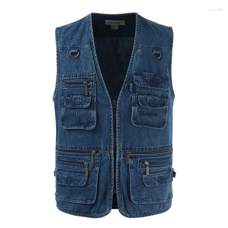 

Men's Jackets Men's Spring And Autumn Middle-aged Elderly Denim Washed Vest Men Casual Multi-pocket Cotton Fishing VestMen's, Blue