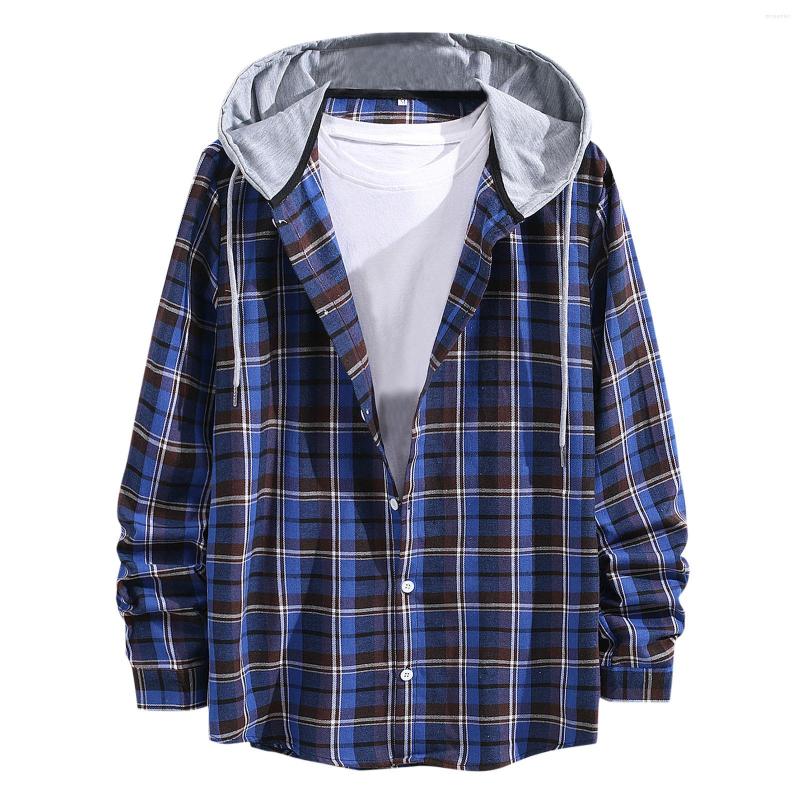 

Men' Casual Shirts Men' Streetwear Plaid Print Shirt Autumn Long Sleeve Single Breasted Loose Vintage Hooded Clothing, Blue