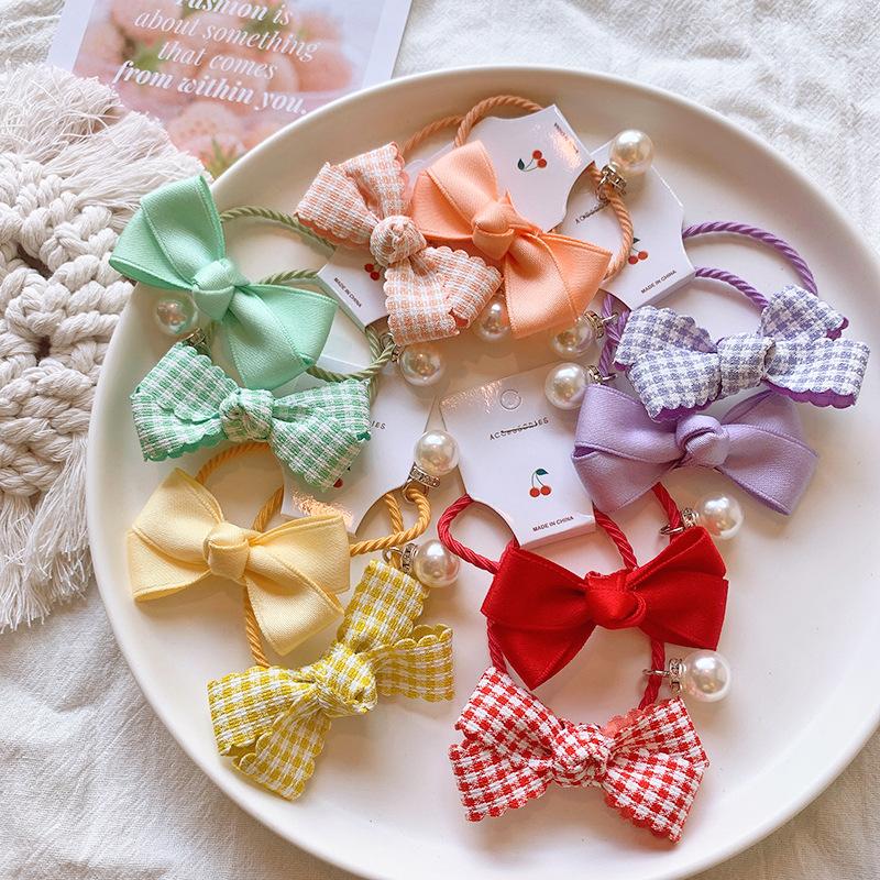 

Hair Accessories 1pair Sweet Bow Plaid Pearl Girl Kid Elastic Bands Tie Rope Ring Headwear, Red