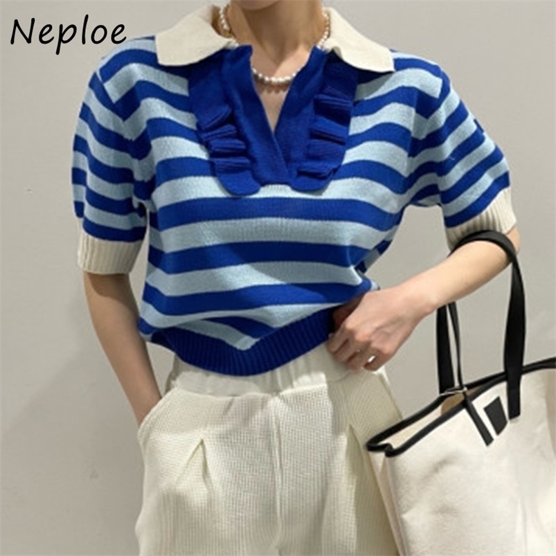 

Women's Sweaters Neploe Summer Sweet Age Reduction Lapel Collar Pullover Patchwork Fungus Edge Jumper Short Sleeve Stripe Knit Sweater Women 221006, Blue