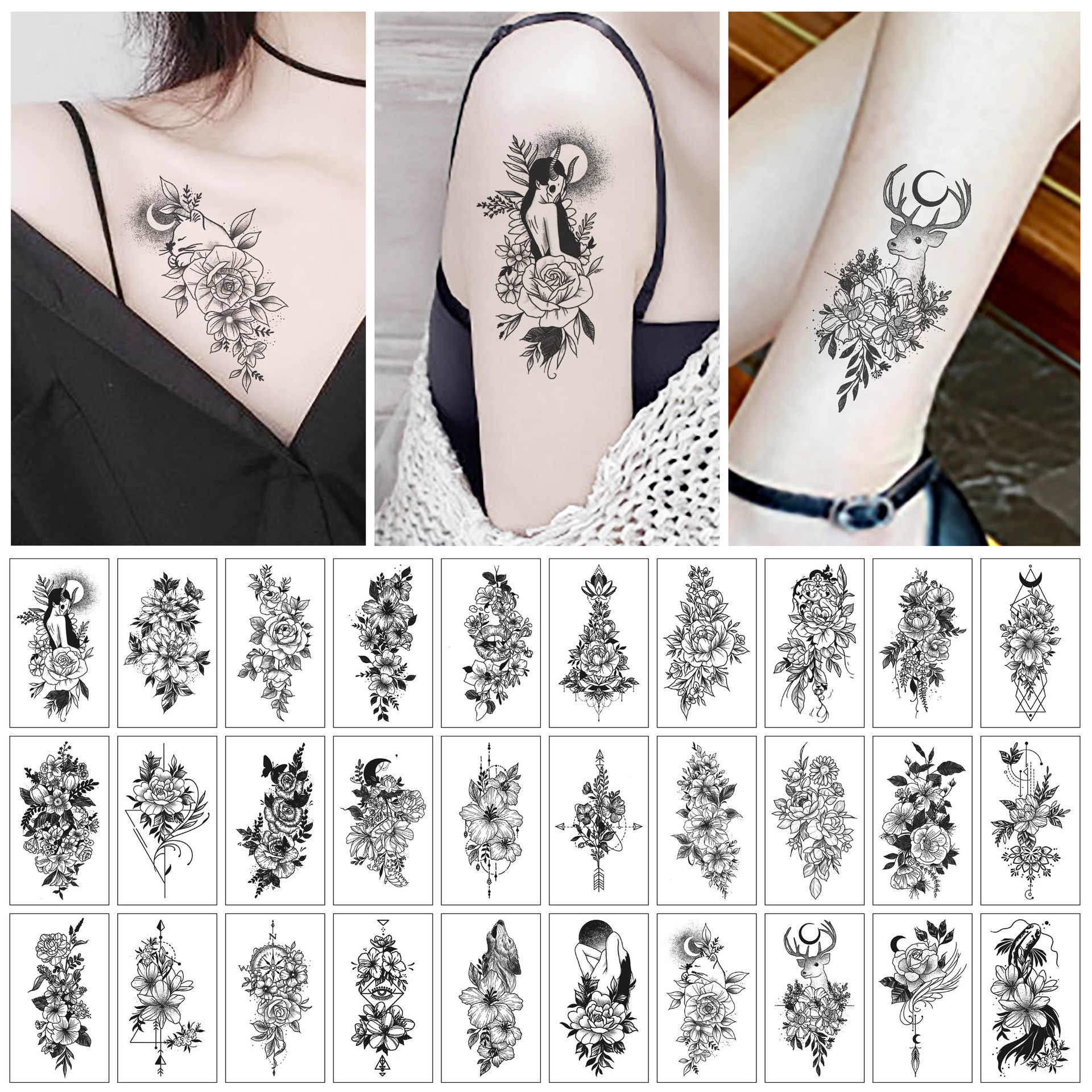 

Temporary Tattoos 30pcs Set Women Tattoo Sticker Black Rose Fake Tatoo Body Hands Arm Leg Flowers Tattos Tatouage Temporaire Femme 220930