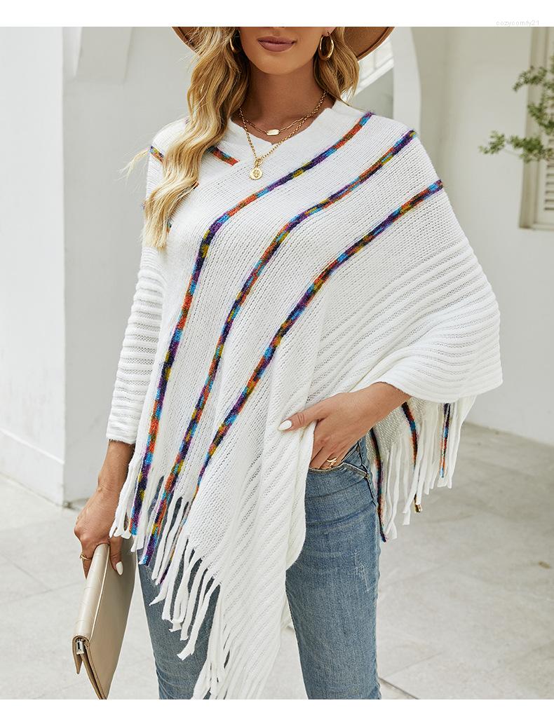 

Women's Sweaters Women's Sweater Autumn/winter 2022 Knitted Colorful Striped Fringed Cloak Shawl, Black