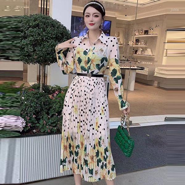 

Casual Dresses Spring 2022 Women' Dress Chiffon Printed Pleated Skirt Thin Shirt Collar Long