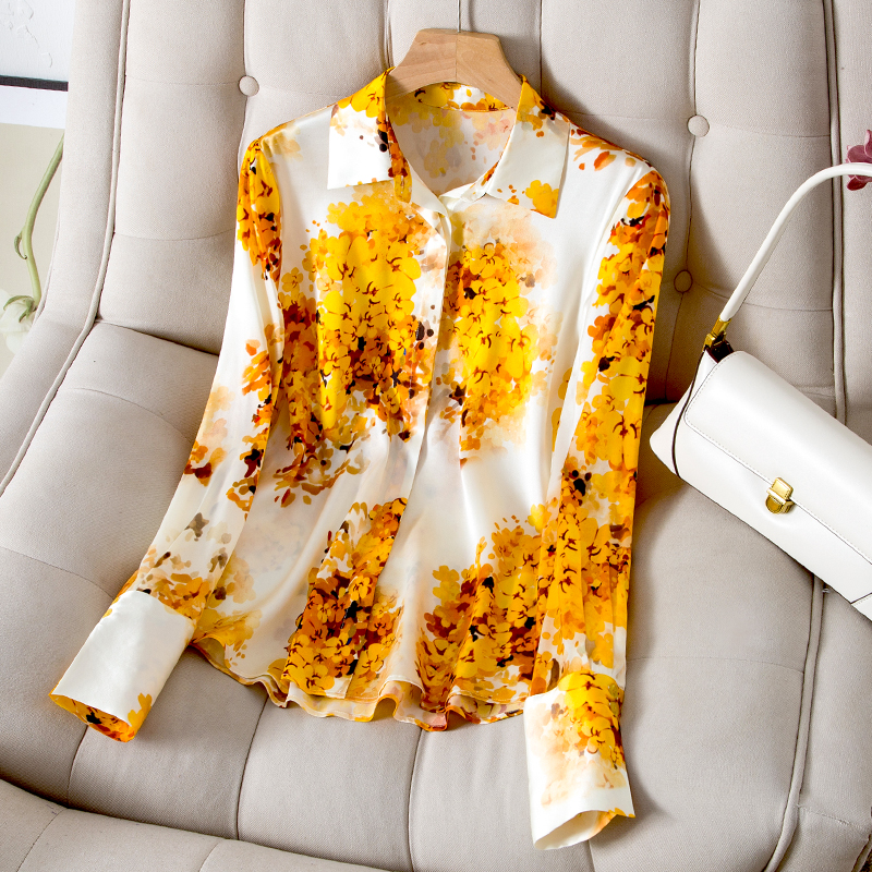 

2022 Autumn Lapel Neck Natural Silk Yellow Blouse Shirt Multicolor Floral Print Long Sleeve Single-Breasted Top Shirts D22TO05, Multi