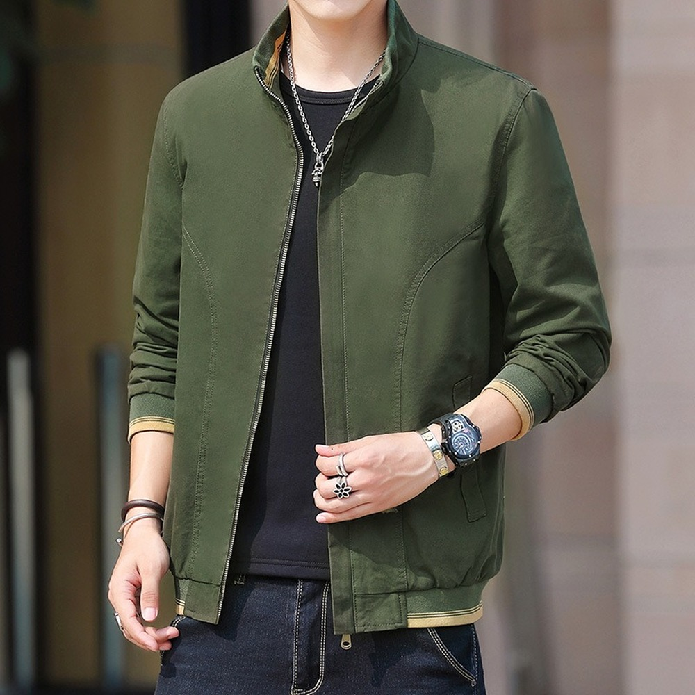 

Army Green Jacket Men Casual Jacket Collared Lightweight Solid Color Spring Bomber Streetwear Coat Zip Up Slim Coats, Black