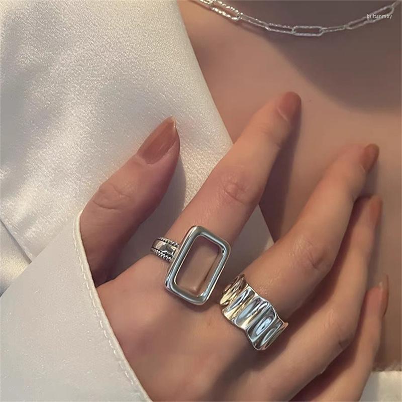 

Wedding Rings Retro Irregular Geometric Square Hollow Silver Color Metal Open Ring For Women Korean Simple Chic Jewelry Gifts