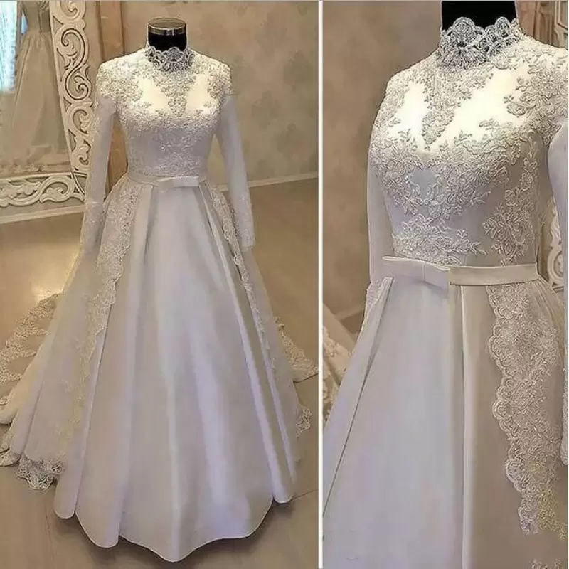 

Modest A-Line Muslim Wedding Dress Long Sleeves High Collor Court Train Country Garden Bridal Gowns Lace Appliques Satin Robe De Mariee Arabic Dubai Islamic Abaya, Ivory
