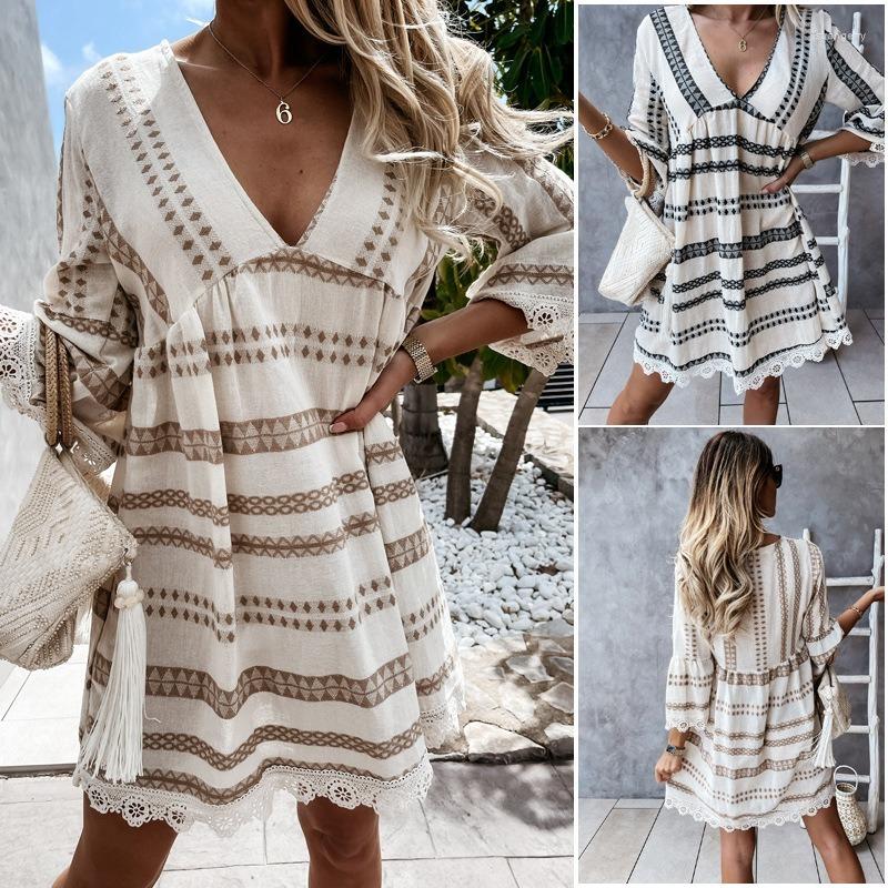 

Casual Dresses 2022 Summer Lace Dress Women Vintage A-Line Sexy V Neck Beach Elegant Print Vestidos Robe Female Clothing 21043, Black