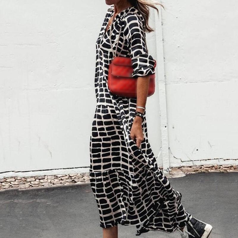 

Casual Dresses Fashion Leopard Print Boho Long Dress Women 2022 Autumn Elegant V Neck Loose A-Line Full Sleeve Pleated Beach Maxi, Black