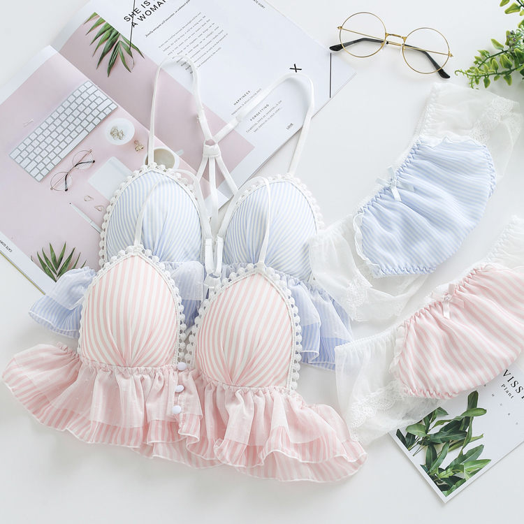 

Bras Sets Blue Pink Striped Beauty Back Women's Cute Bra Panties Milk Silk Wirefree Soft Underwear Sleep Intimates Lolita 221006, Sky blue