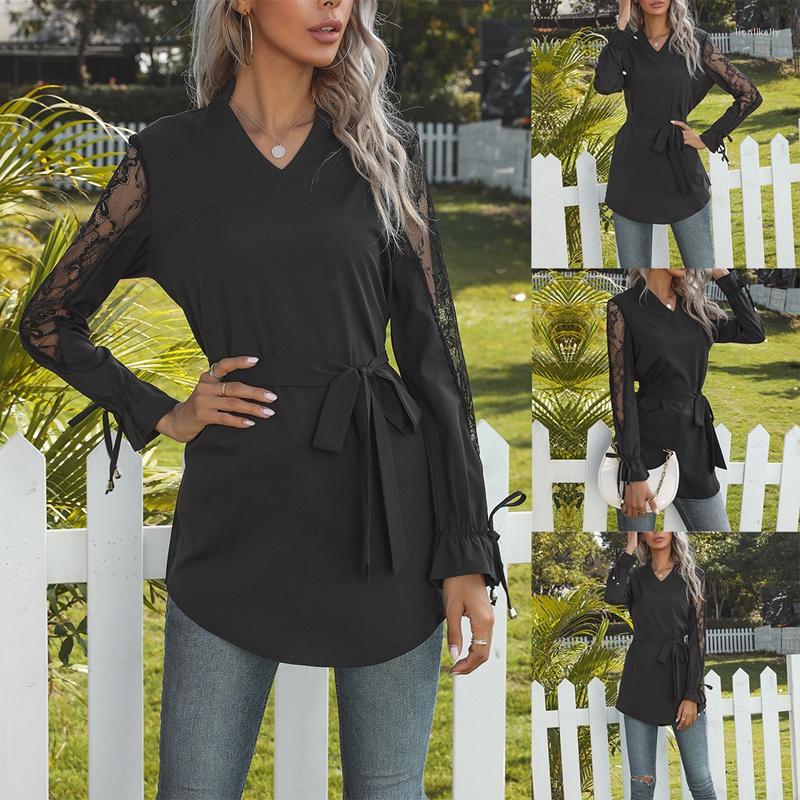 

Women' T Shirts Women' Long-Sleeve Pullover Solid Color Stitching Stand-Collar Lace Tie Shirt, Black