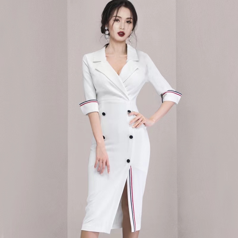 

Work Dresses Women's Autumn Highend Temperament Korean Vneck Three Quarter Sleeve Fashion Slim Professional Simple Sexy Hip Wrap Dress 221006, White