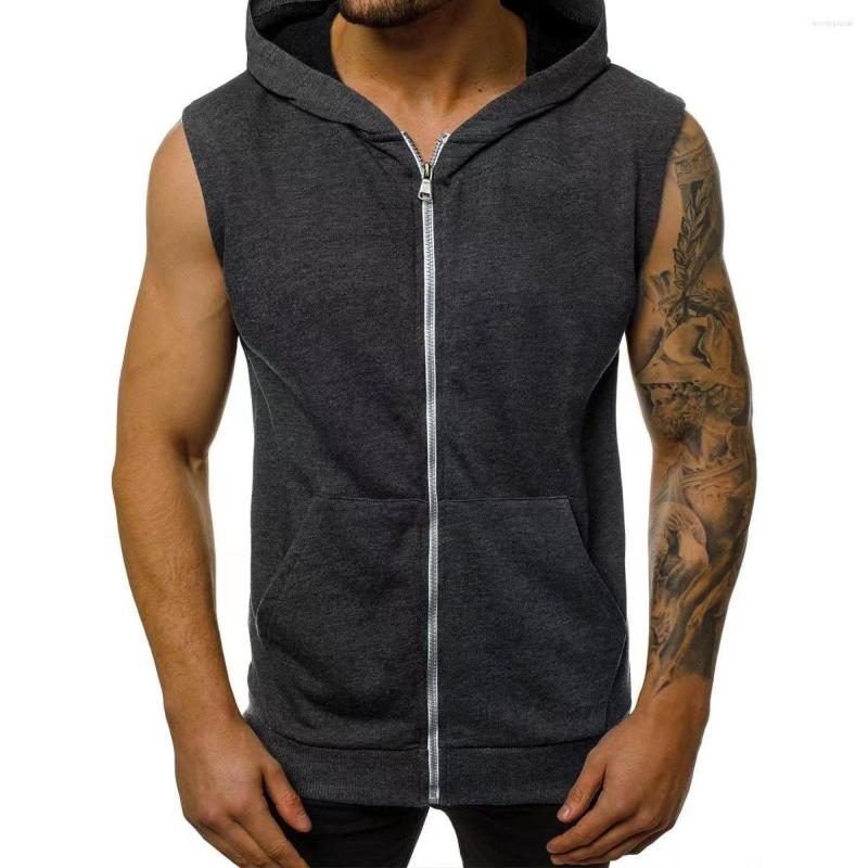 

Men's Hoodies Summer Men's Versatile Casual Vest Fitness Sports Running Solid Color Zipper Sleeveless Hooded Slim Waistcoat, A1