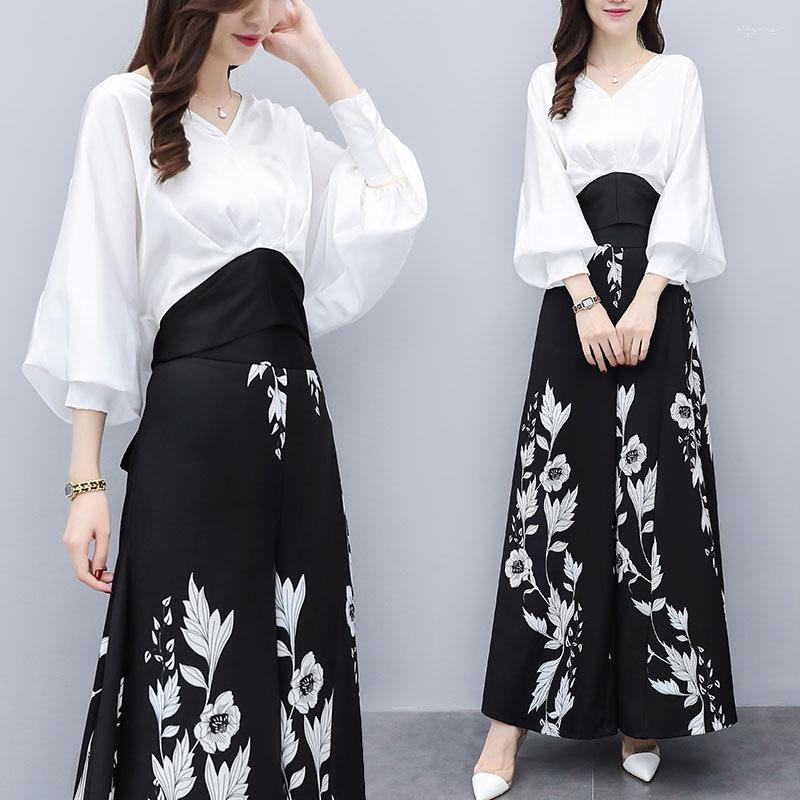 

Women' Tracksuits Summer Spring 2022 Womens Two Piece Sets Floral Print High Waist Ol Ladies Elegant Wide Leg Pants And Top Set DD1884