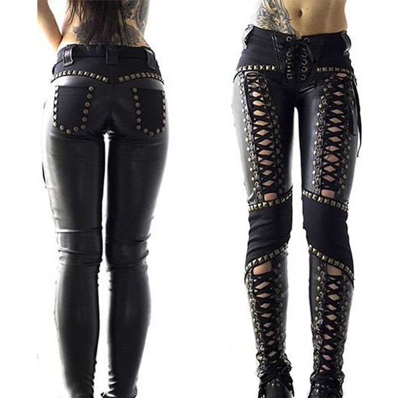 

Women s Pants Punk Rock Imitation Leather Pencil Sexy Hollow Out Bandage Leggings Streetwear 220930, Black