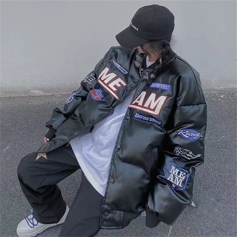 

Womens Down Parkas Hip Hop Bomber Jacket Woman Varsity PU Leather Jackets Winter Coats American Street Retro Racing Car Jacket 220930, White