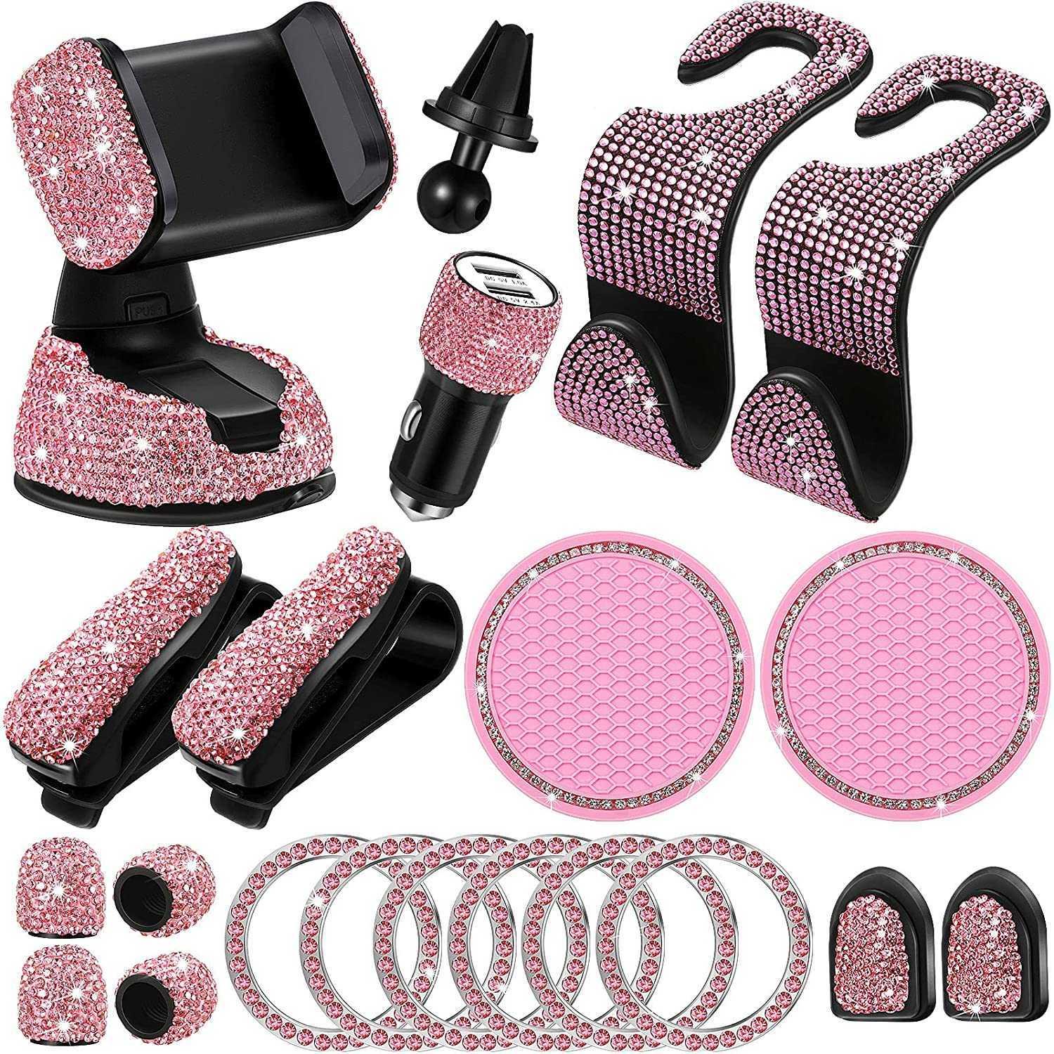 

20pcs/set Rhinestones Cell Phone Holder Universal Bling Car Accessories For Women Auto Interior Hooks Sticker Pad Set Pink