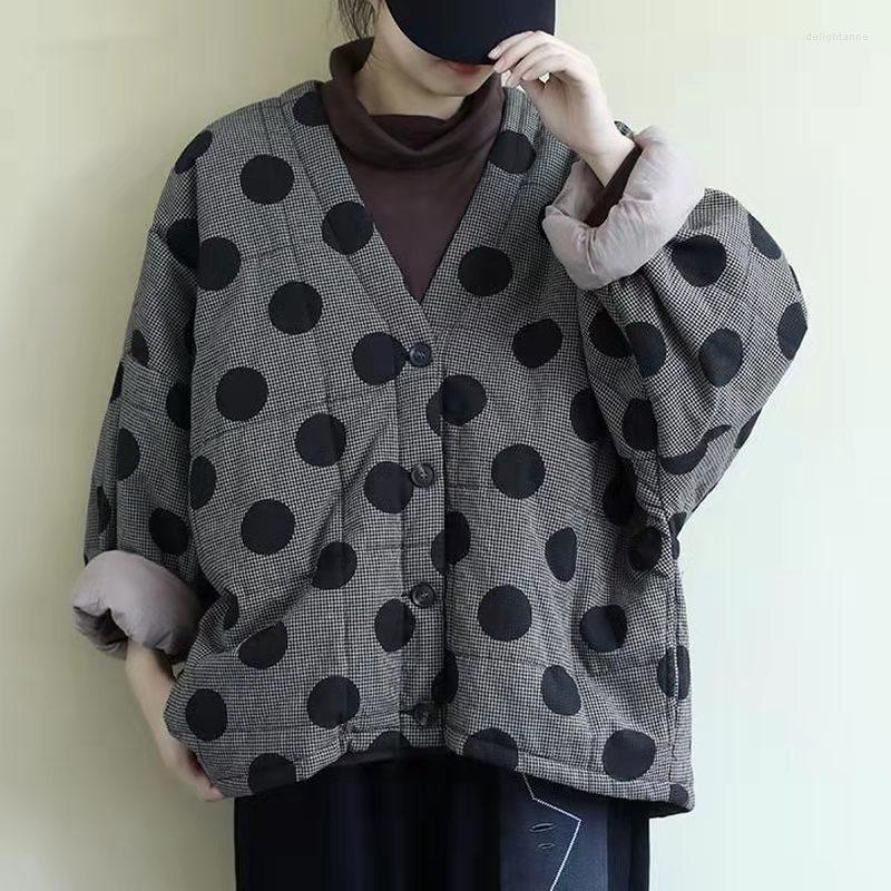 

Women's Down Parkas Women Full Sleeve V-neck Simple Polka Dot Jacket Fashionable Clothing Outerwear Design Casual Warm Winter Ladies Coat, Gray
