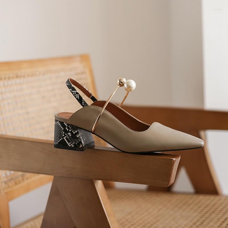 

Dress Shoes 2022 Real Leather Women Sandals Thick Heel Open Toe Casual Solid Color Normal Beach Female Footwear Size 34-42, Brown