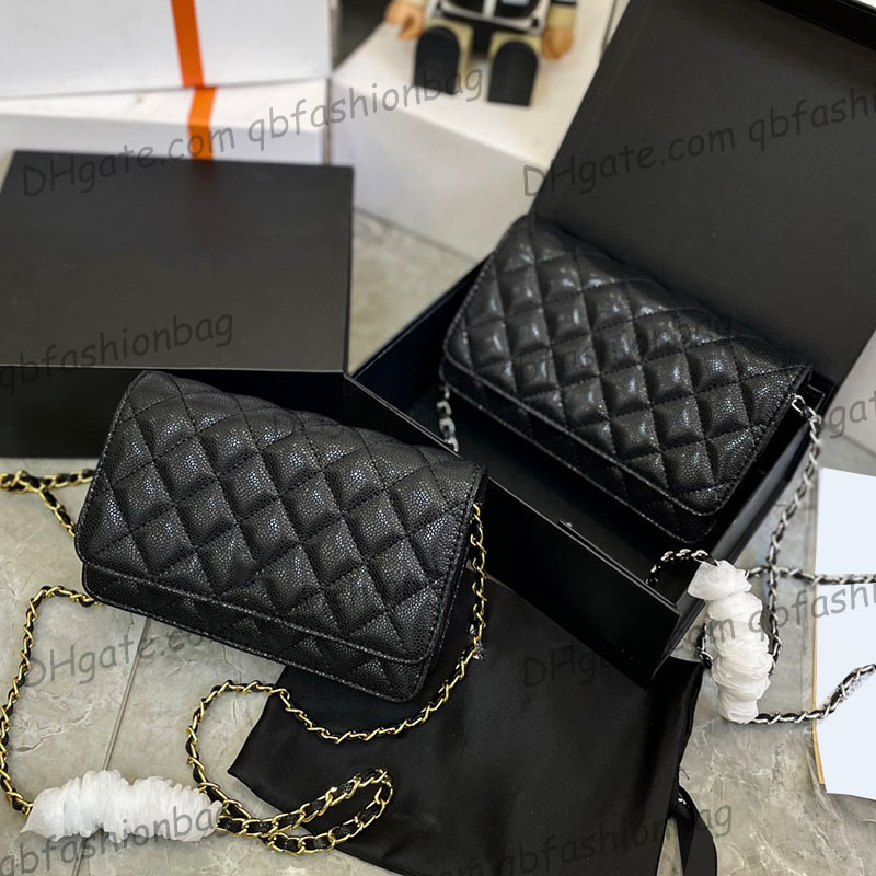 

22P Womens Designer WOC Wallet With Chain Bags Caviar Leather Calfskin Gold/Silver Metal Hardware Matelasse Chain Shoulder Multi Pochette Card Holder Purse 19x12cm, Box