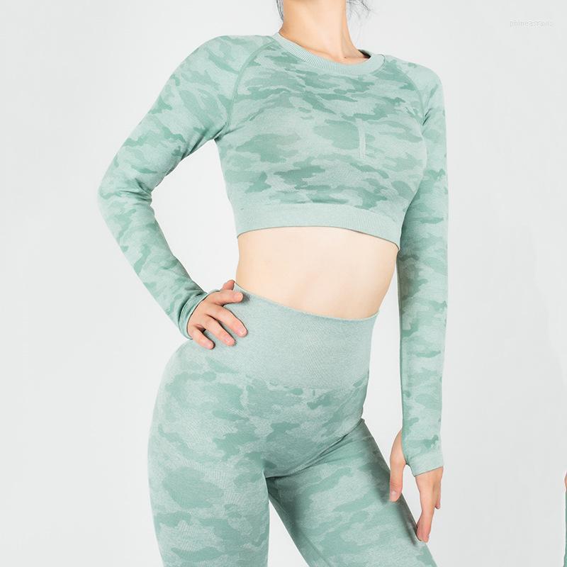 

Active Sets Camouflage Seamless Hollow Out Long Sleeve Tops Tight Leggings 2 Pcs Set Quick Dry High-Elastic Running Women Sport Yoga Suits, Black