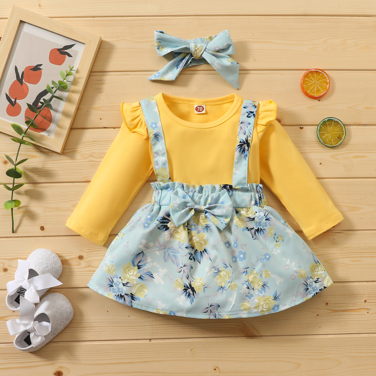 

Solid Color Blank Shirt Baby Clothes Sets Long Sleeve Floral suspender Dress Newborn Clothes, As picture