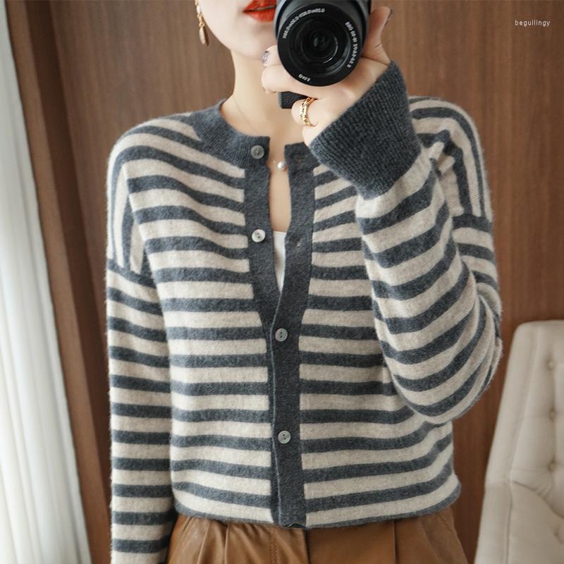 

Women' Knits Spring Autumn Shirt Pure Wool Cardigan Women O-Neck Loose Striped Knit Jacket Wild Retro Cashmere Sweater Casual Female, Green