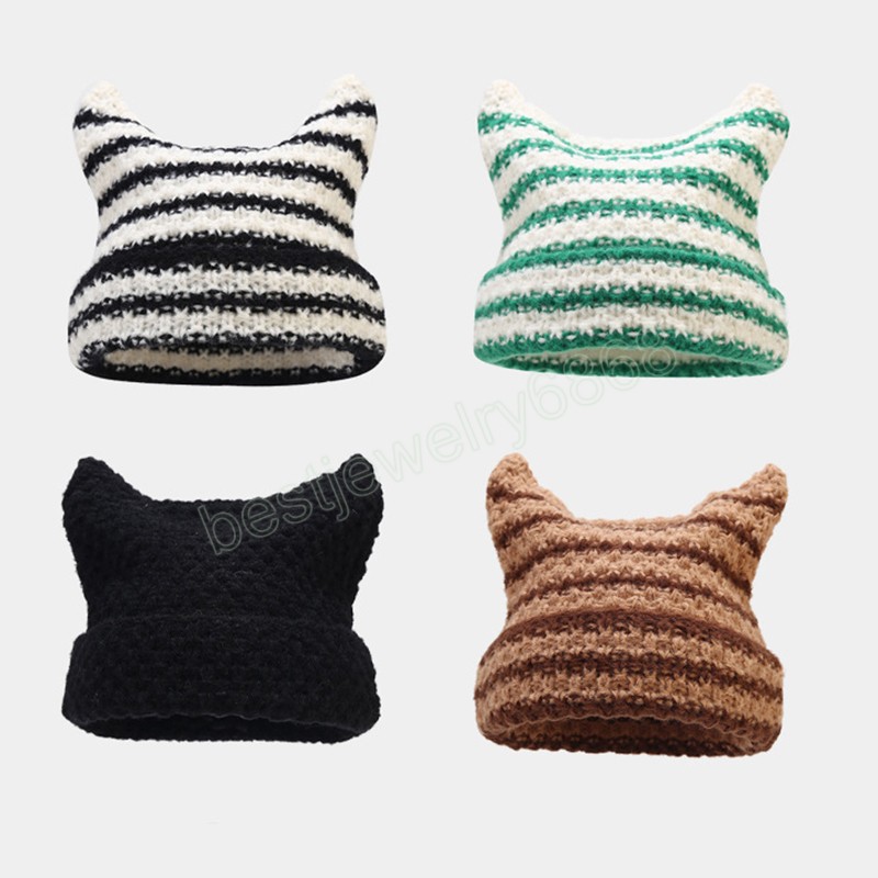 

Streetwear Harajuku Beanie Striped Knitted Hat Women Autumn Winter Cute Cat Ears Cap