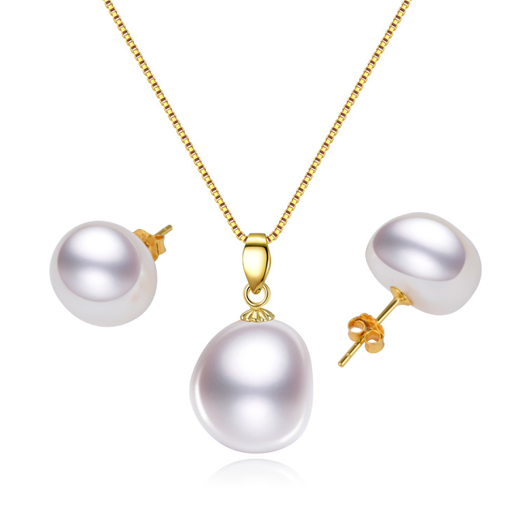 

Natural Wholesale 12mm Freshwater Irregular Baroque pearl Jewelry set simple classical pendant earring stud