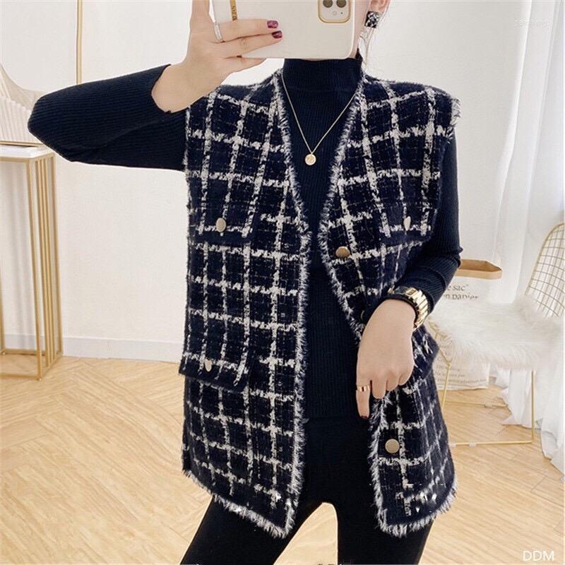 

Women's Vests Elegant Gillet Femme Vest Jacket Women Cardigan Autumn Winter 2022 Loose Houndstooth Knitted Streetwear V-Neck Overcoat, White