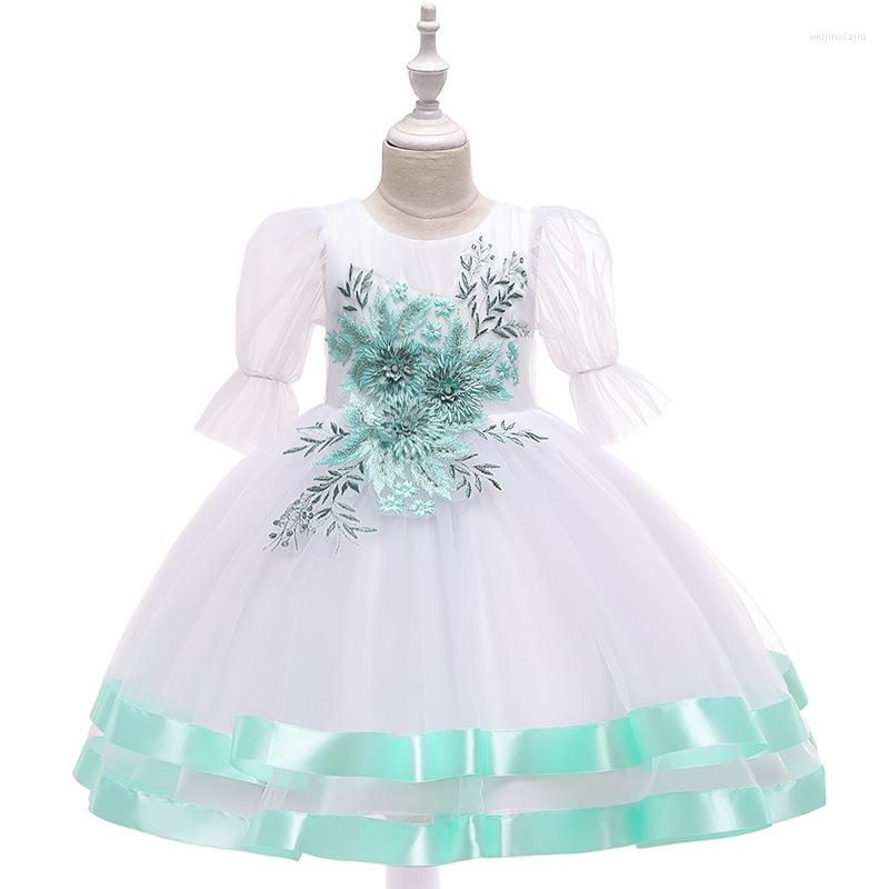 

Girl Dresses 2022 Mesh Embroidered Princess Dress Bubble Sleeve Flower Wedding Piano Table Performance, Gray