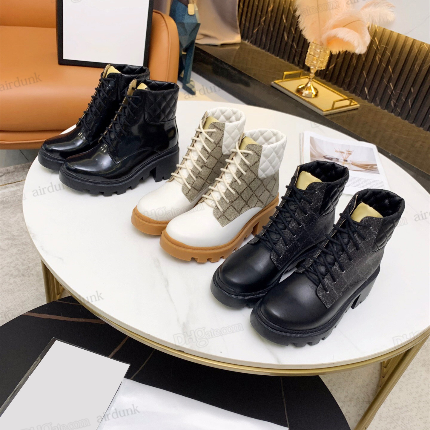 

Designer Martin Boots High Heels Ankle Boot Real shoes Fashion Winter Fall Martins Cowboy Leather quilted Lace-up Winter Shoe Rubber Love arrow medal duty lug sole, I need box