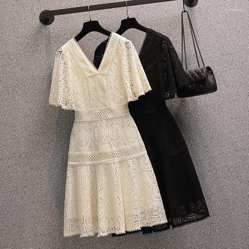 

Casual Dresses Lace Hollow Out Women Dress Summer V-Neck A-Line Flare Sleeved Slim Elegant Office Lady Clothing Top QualityCasual, Black