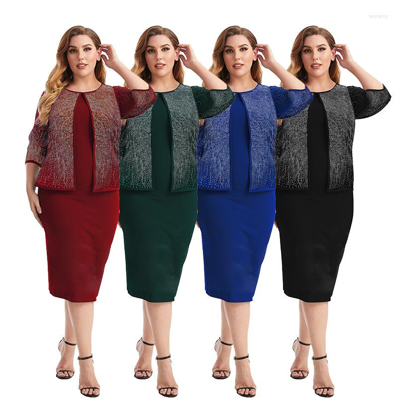 

Casual Dresses Elegant Vestidos Vintage Women Three-quarter Sleeve Diamonds Midi Dress Retro Faux Two Piece Knitted Party F085, Royal blue