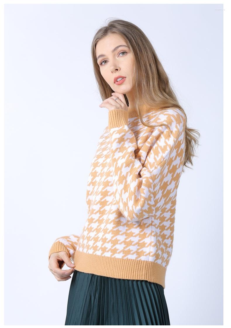 

Women' Sweaters Casual Retro Pullover Sweater Women Knitted With Houndstooth Pattern Loose Version Spring Clothing, Black